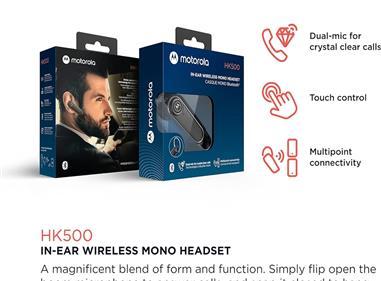 Motorola Bluetooth Earpiece HK500 in-Ear Wireless Mono Headset with Mic for Clear Phone Calls - Smart Touch/Voice Control, Noise Cancelling Microphone, Multipoint Connectivity, Long Battery Life ( product