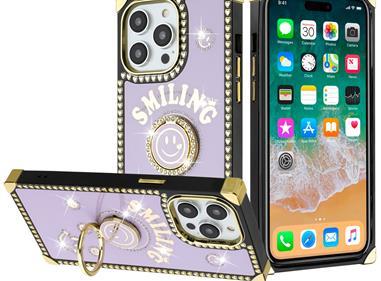  iPhone 15 Passion Square Hearts Smiling Diamond Ring Stand Case Cover - Purple product