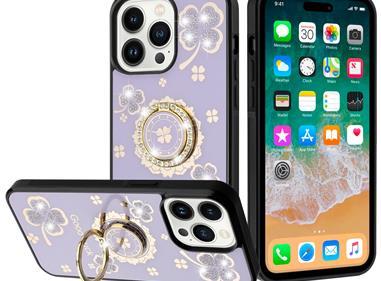 iPhone 15 SPLENDID Diamond Glitter Ornaments Engraving Case Cover - Good Luck Floral Purple product