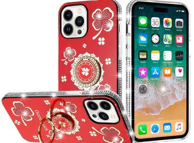  iPhone 15 Splendid Glitter with Diamonds All Around Edges Ring Stand Case Cover - Red product