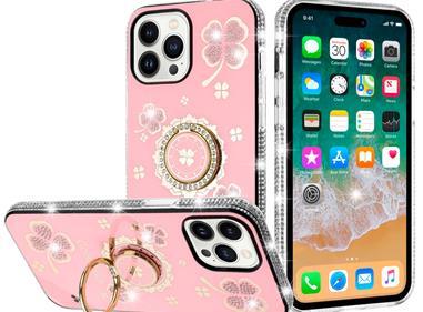 iPhone 15 Splendid Glitter with Diamonds All Around Edges Ring Stand Case Cover - Pink product
