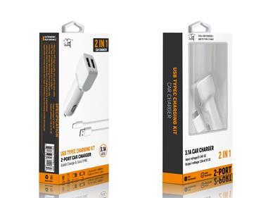 2 in 1 Fast Car Charger with dual USB ports and Type-C Cable Cord in White (New Package) product