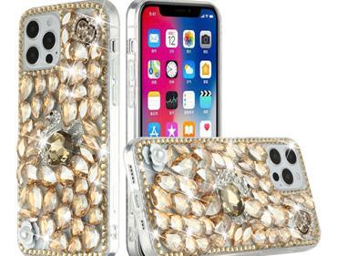  iPhone 15 Full Diamond with Ornaments Hard TPU Case Cover - Gold Swan Crown Pearl product