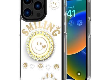 iPhone 15 Smiling Glitter Ornament Bling With Ring Stand Hybrid Case Cover - White product