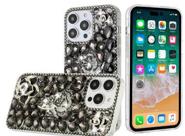  iPhone 15 Floral Full Diamond Bling Case Cover - Smoke product