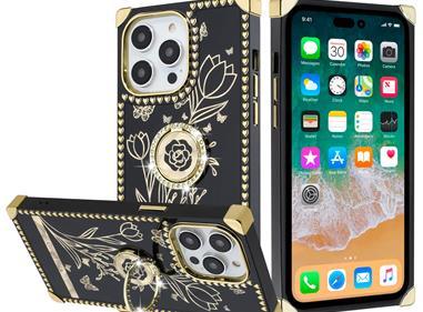 iPhone 15 SQUARE Passion Glitter Diamond Ring Stand Case Cover - BLACK CHROME product