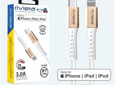 3 Feet - [Type C (PD) - iPhone Lightning - MFI] 3 AMP RIVIERA - Fast Charging Cable - White product