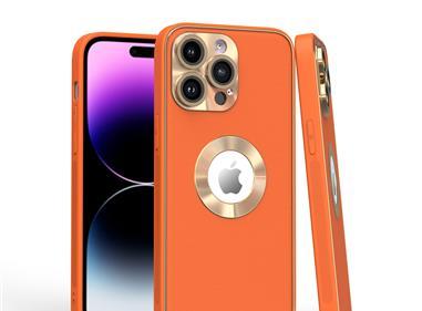  iPhone 15 Disc Chrome Circle With Chromed Tempered Glass Screen Protector PU UV Leather Case - Orange product