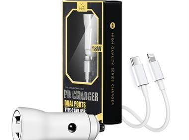 2-IN-1 18W PD Fast Type C&USB Dual Ports Car Charger+Type C to 8 pin Cable in White product