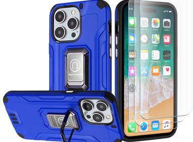 iPhone 15 Strong Tough Metallic Design Hybrid Premium Kicstand + 3X Tempered Glass - Blue product