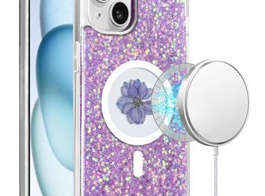  iPhone 15 Magnetic Ring Circle Real Flower Epoxy Glitter Hybrid - Light Purple product