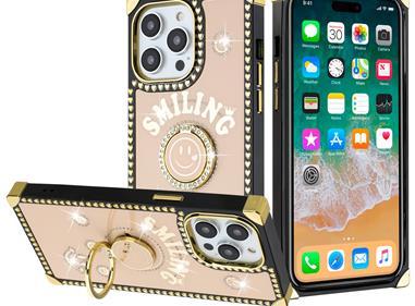 iPhone 15 Passion Square Hearts Smiling Diamond Ring Stand Case Cover - Gold product