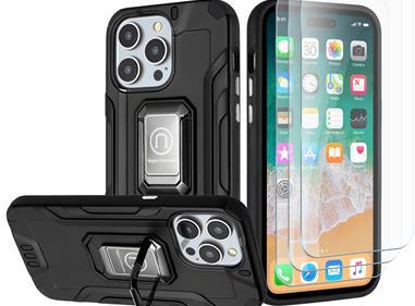  iPhone 15 Strong Tough Metallic Design Hybrid Premium Kicstand + 3X Tempered Glass - Black product