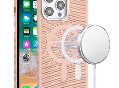 iPhone 15 Magnetic Ring Radiator Design Hybrid with Metal Buttons Case Coverr - Light Pink product
