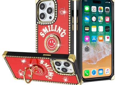  iPhone 15 Passion Square Hearts Smiling Diamond Ring Stand Case Cover - Red product