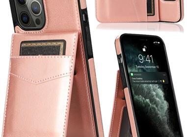 iPhone 15 Luxury Vertical Magnetic Button Card ID Holder PU Leather Case Cover - Rose Gold product