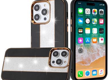 iPhone 15 Flashy Diamond Leather Sticked On Hybrid with Chrome Camera Edge - Black product