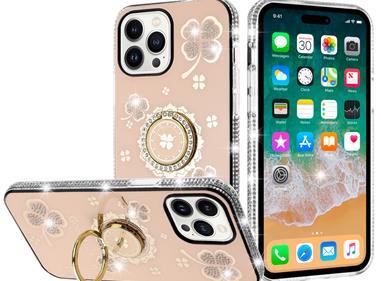 iPhone 15 Splendid Glitter with Diamonds All Around Edges Ring Stand Case Cover - Gold product