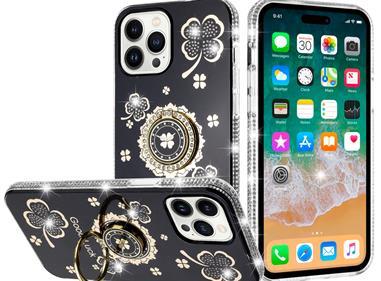  iPhone 15 Splendid Glitter with Diamonds All Around Edges Ring Stand Case Cover - Black product