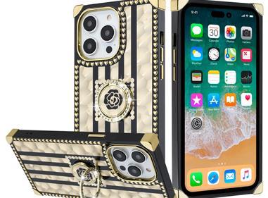  iPhone 15 SQUARE Passion Glitter Diamond Ring Stand Case Cover - BLACK CHROME product