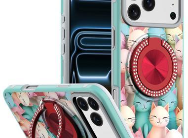 IPhone 17 Pro Cases Metal Diamond CD Pattern Design Matte Finished Hybrid with Rotational Ring [Car Mount Friendly] Case - Cats product