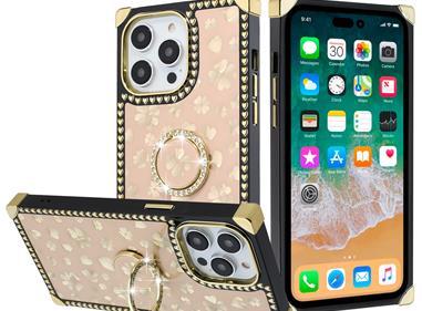 iPhone 15 SQUARE Passion Glitter Diamond Ring Stand Case Cover - Heart Design Gold product