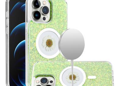 iPhone 14 Pro Max 6.7" Magnetic Ring Circle Real Flower Epoxy Glitter Hybrid Case Cover – Elegant Floral Design with MagSafe Support product