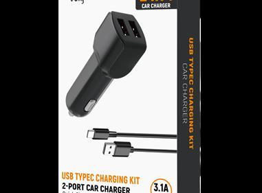 2 in 1 Fast Car Charger with dual USB ports and Type-C Cable Cord in Black (New Package) product