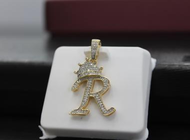 10K Gold With Natural Diamonds Minimalist Initial R Crown Pendant product