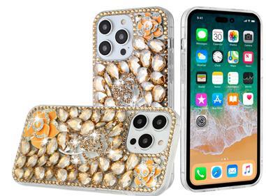  iPhone 15 Floral Full Diamond Bling Case Cover - Gold product