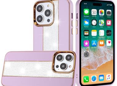 iPhone 15 Flashy Diamond Leather Sticked On Hybrid with Chrome Camera Edge - Light Purple product
