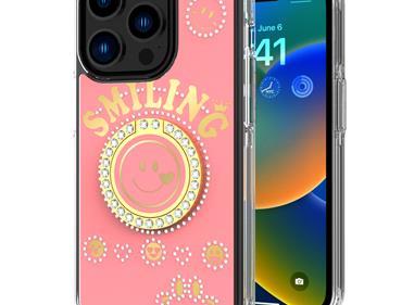  iPhone 15 Smiling Glitter Ornament Bling With Ring Stand Hybrid Case Cover - Pink product