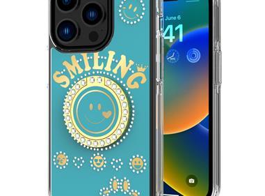 iPhone 15 Smiling Glitter Ornament Bling With Ring Stand Hybrid Case Cover - Blue product