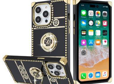 iPhone 15 SQUARE Passion Glitter Diamond Ring Stand Case Cover - BLACK CHROME J product