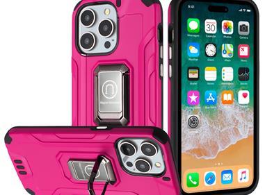 iPhone 15 Strong Tough Metallic Design Hybrid Premium Kicstand - Hot Pink product