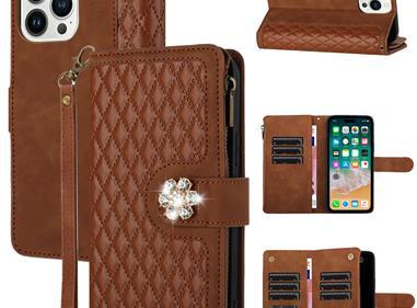  iPhone 15 Jewel Wallet Design with Stitched PU Leather ID Card Money Holder Zipper Case - Brown product