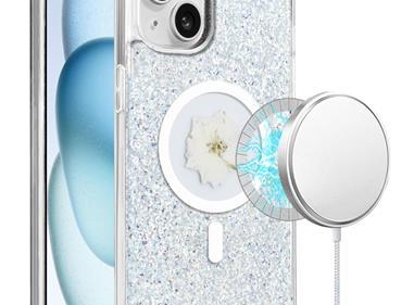  iPhone 15 Magnetic Ring Circle Real Flower Epoxy Glitter Hybrid - Silver product