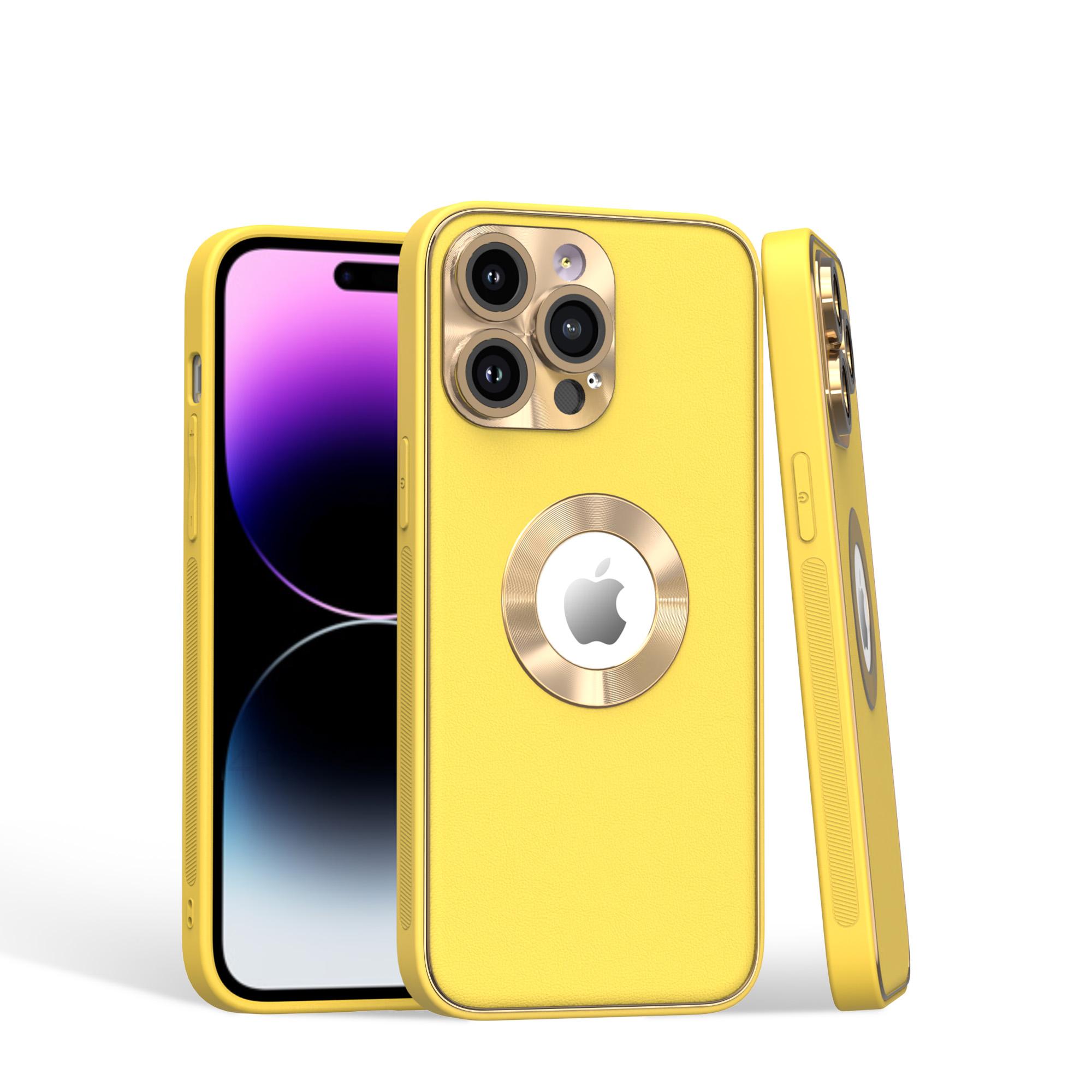 iPhone 15 Disc Chrome Circle With Chromed Tempered Glass Screen Protector PU UV Leather Case - Yellow