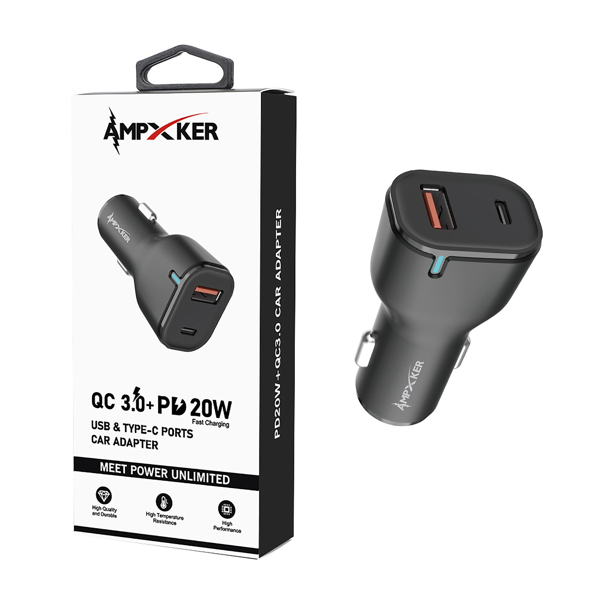 CAR - USB & Type C - Dual Port - Adapter - QC 3.0 Amp + PD 20W - Black