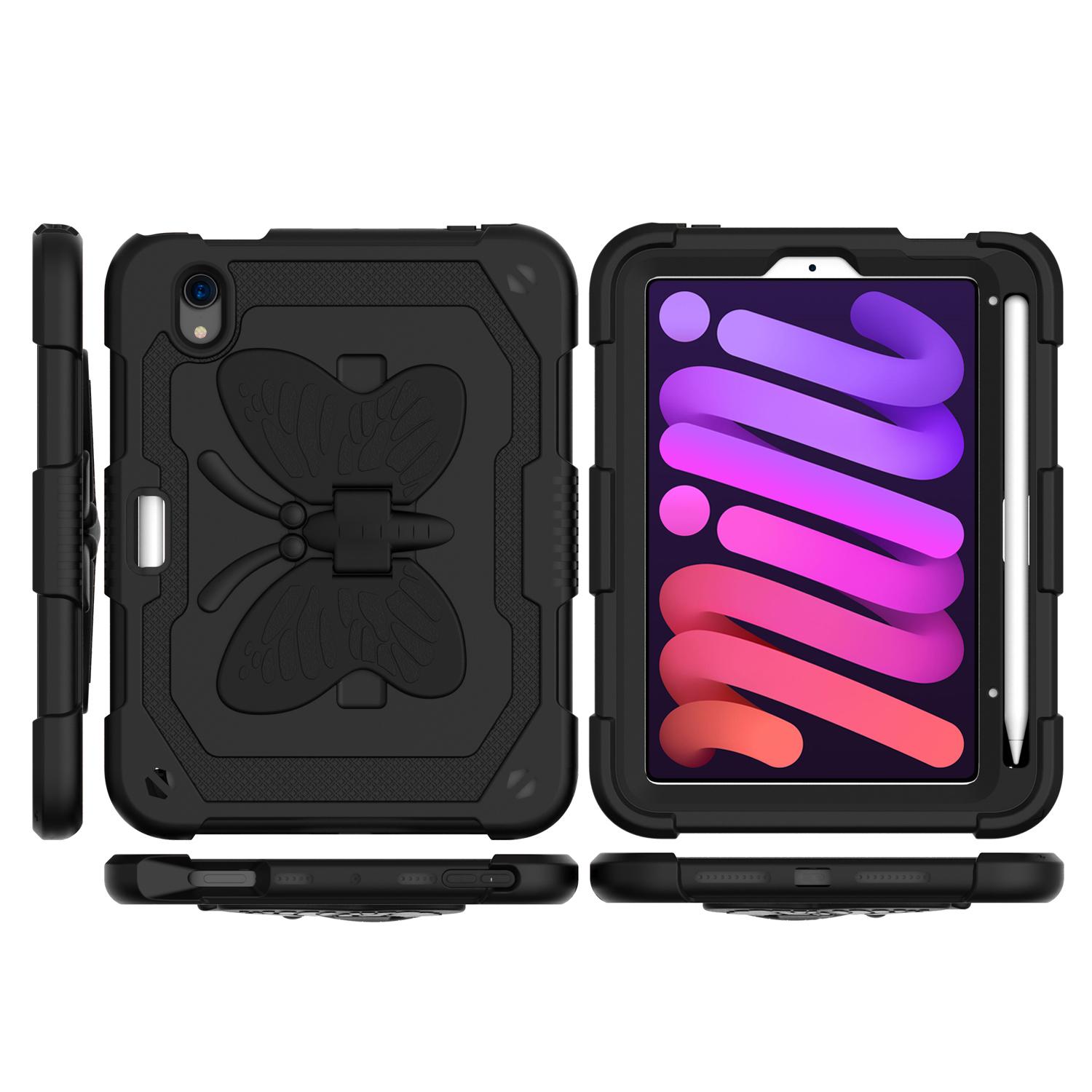 Apple iPad Mini 6th Gen 8.3 inch (2021) Butterfly Kickstand 3in1 Tough Hybrid Case Cover with Shoulder Strap - Black/Black