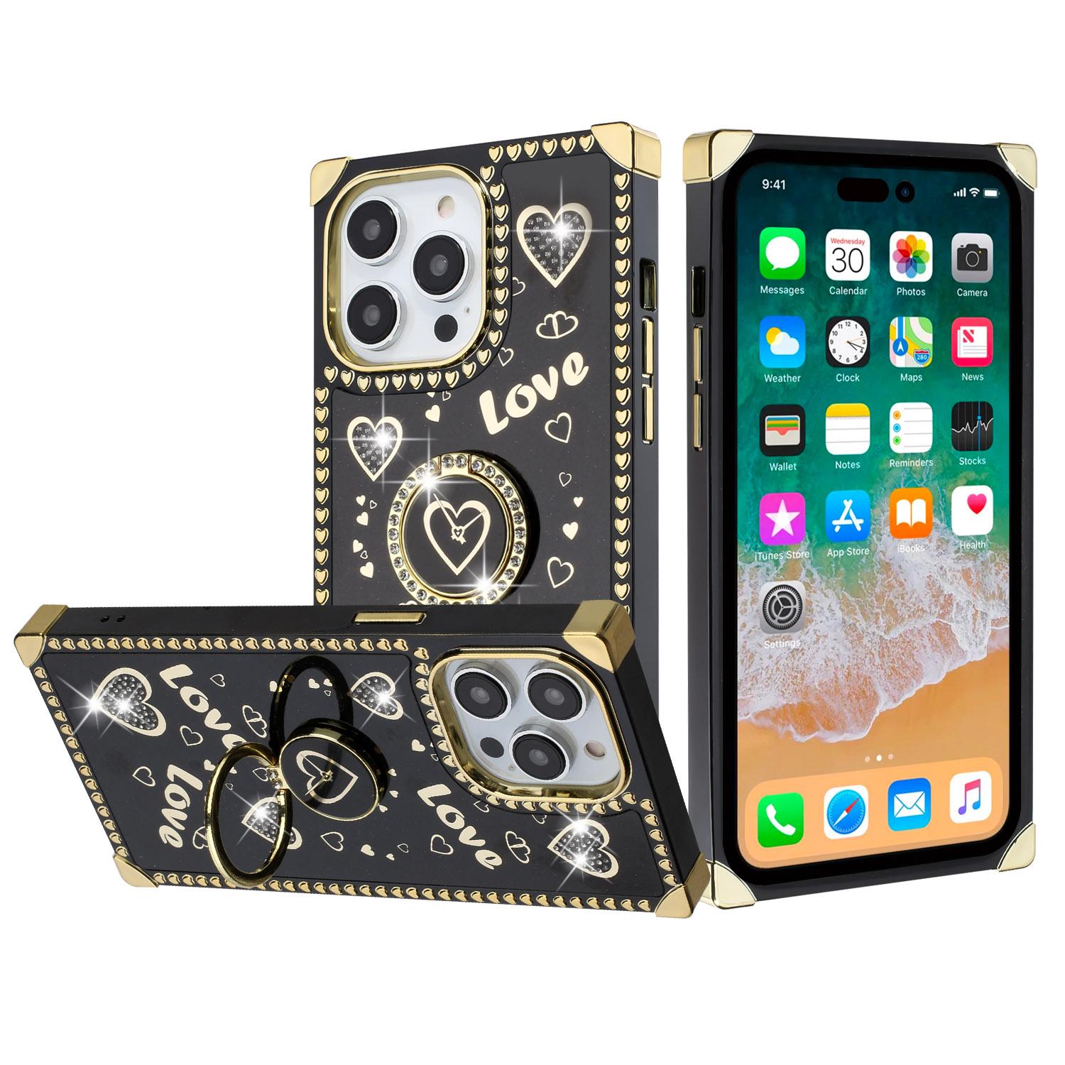 iPhone 15 Square Passion Hearts Bling Glitter Love Design Ring Stand Case Cover - Black product