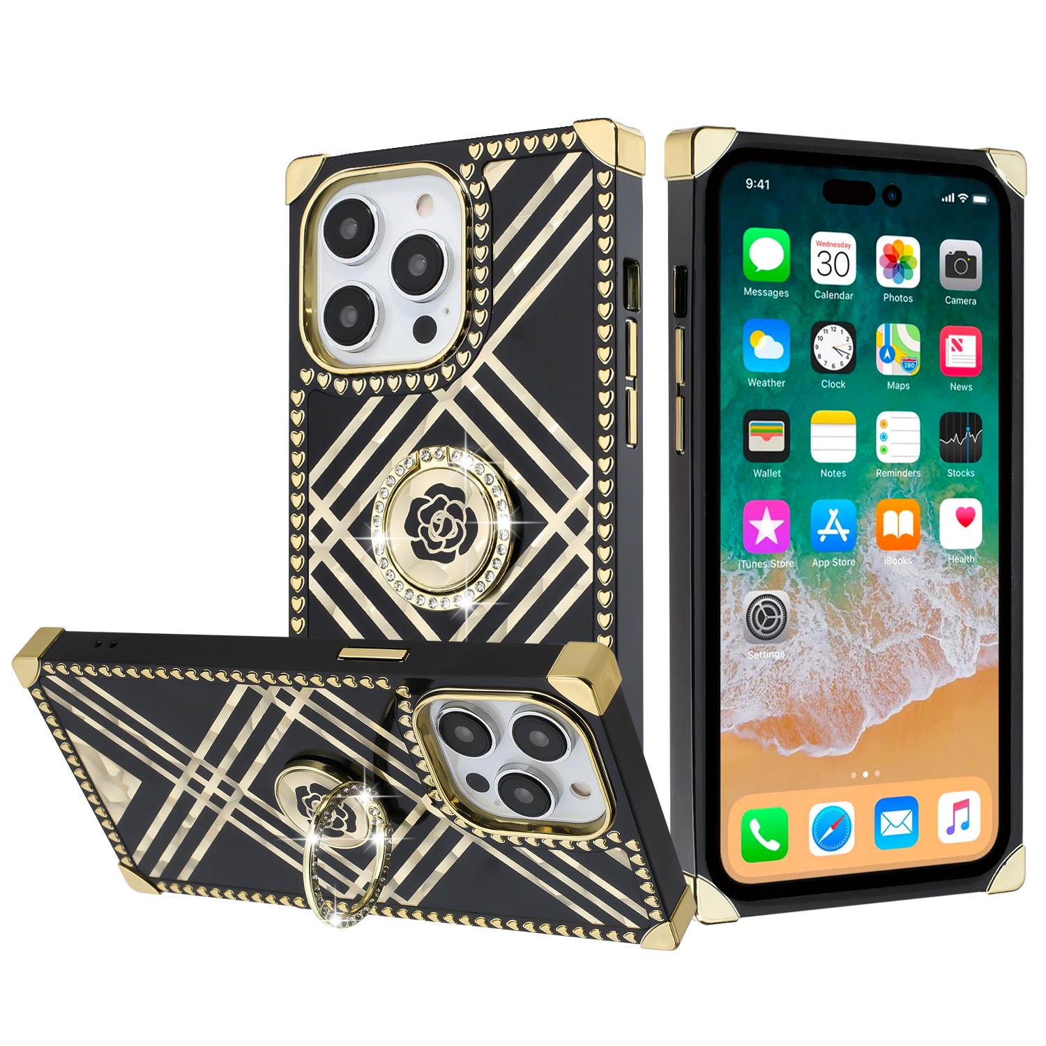 iPhone 15 SQUARE Passion Glitter Diamond Ring Stand Case Cover - BLACK CHROME