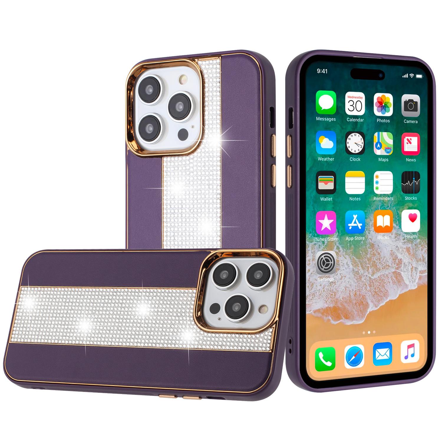 iPhone 15 Flashy Diamond Leather Sticked On Hybrid with Chrome Camera Edge - Dark Purple