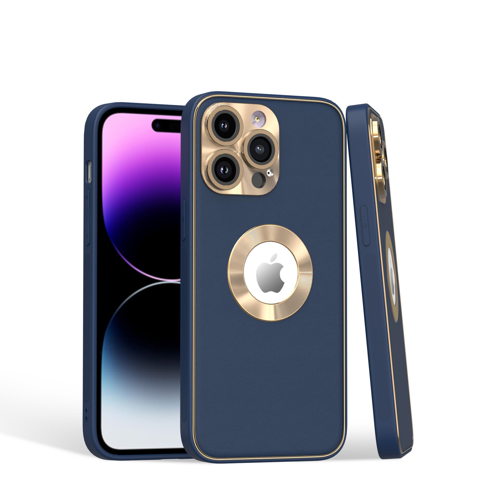 iPhone 15 Disc Chrome Circle With Chromed Tempered Glass Screen Protector PU UV Leather Case - Dark Blue product