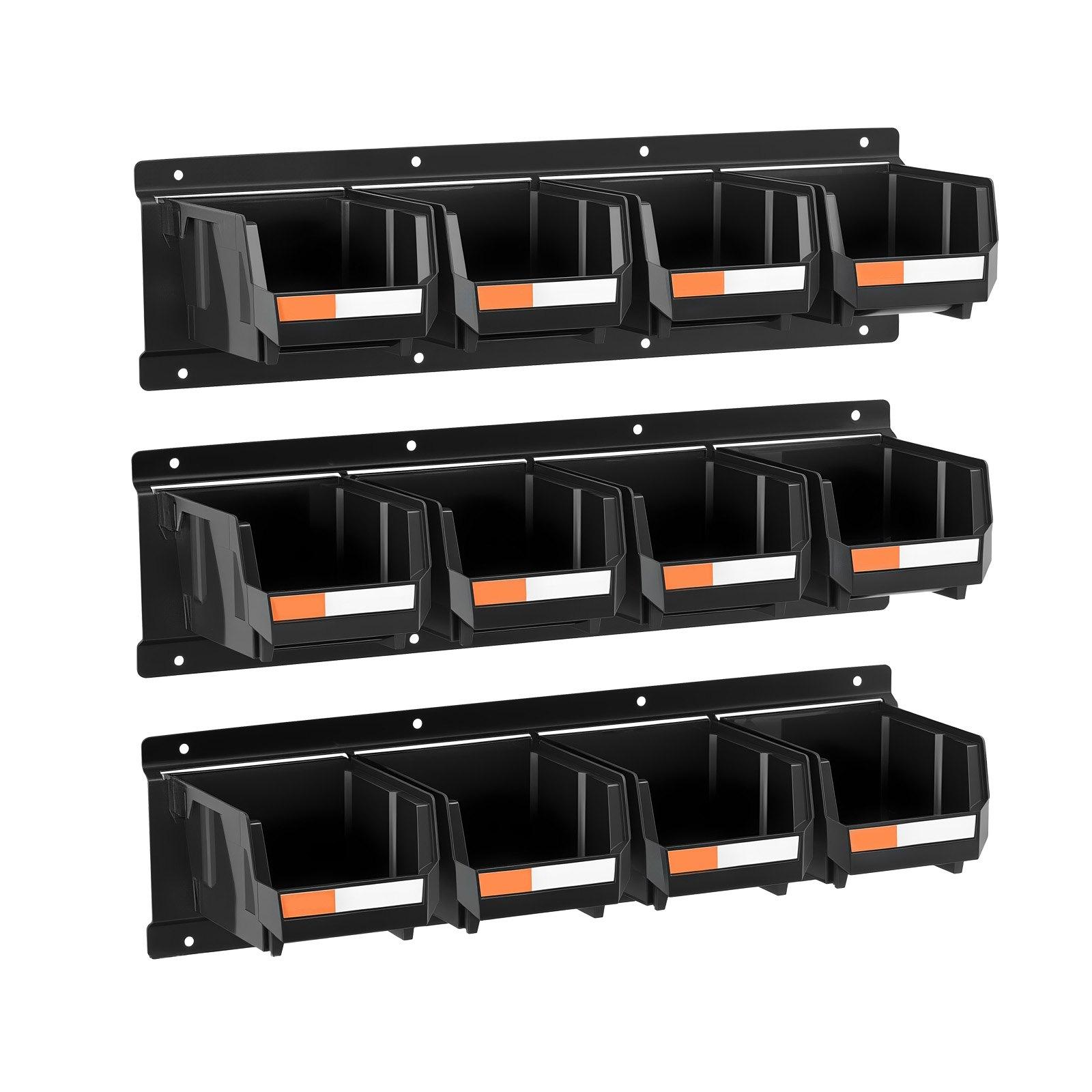 Wall-Mounted Storage Bins, 12 Bins and 3 Metal Rails, Black product
