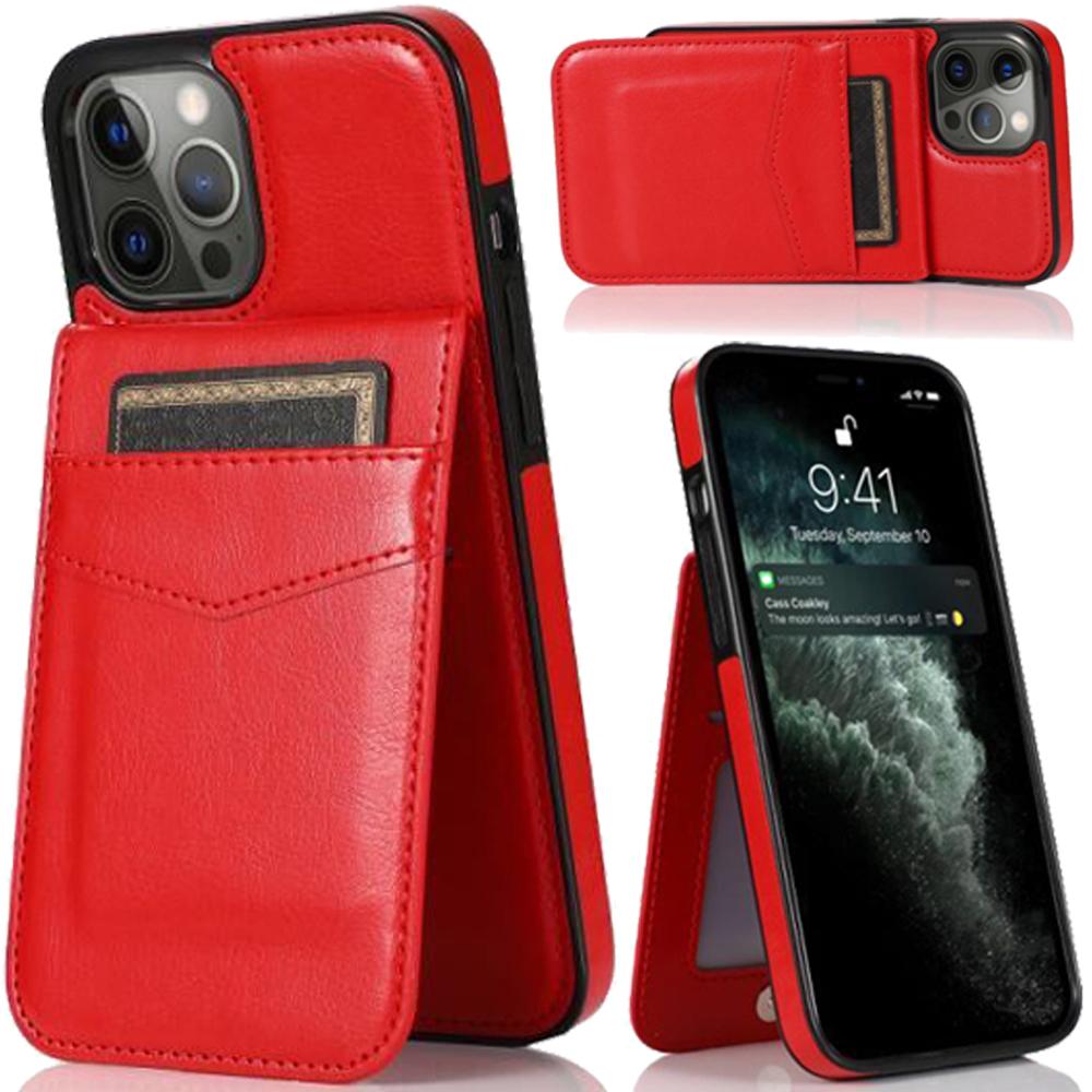iPhone 15 Luxury Vertical Magnetic Button Card ID Holder PU Leather Case Cover - Red product