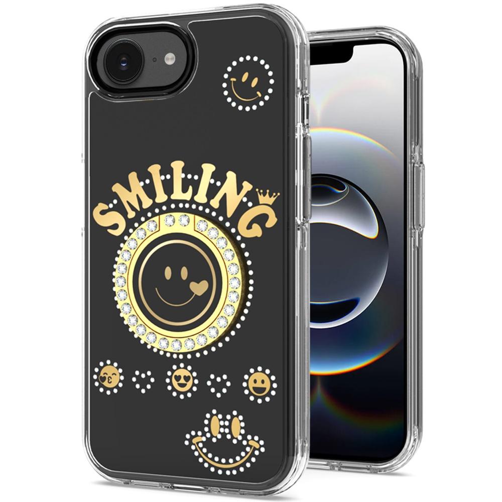 iPhone 16E (E Edition) / SE4 (2025) Smiling Glitter Ornament Bling Hybrid Case with 360° Ring Stand – Sparkly Dual-Layer Protection