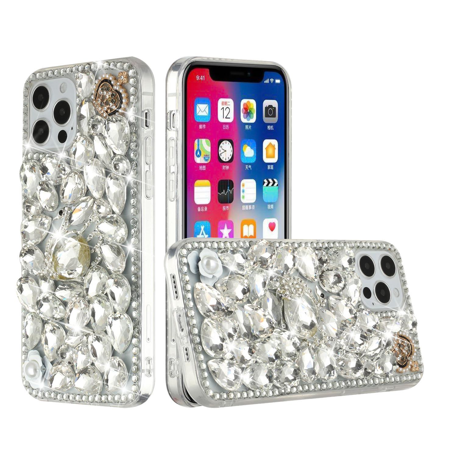 iPhone 15 Full Diamond with Ornaments Hard TPU Case Cover - Silver Swan Crown Pearl