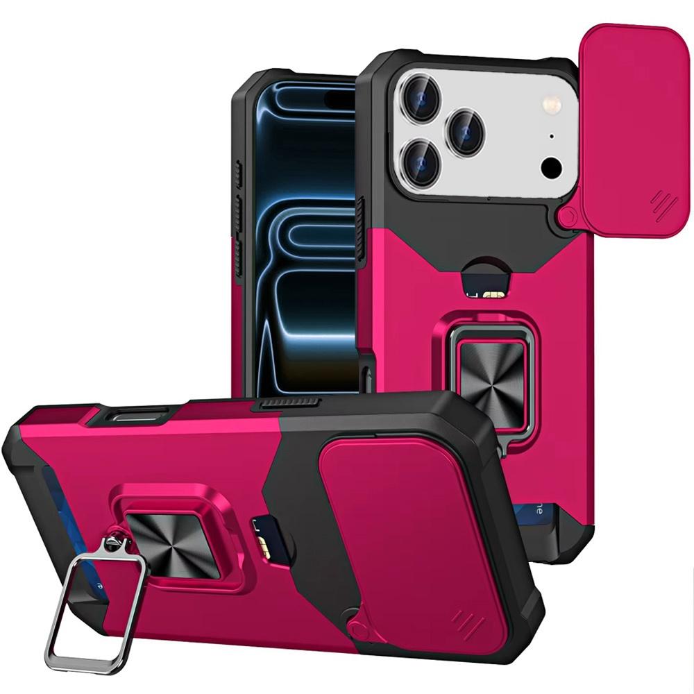 IPhone 17 Pro Cases Multi-Functional Card Magnetic Ring Stand Hybrid Camera Case Cover - Hot Pink