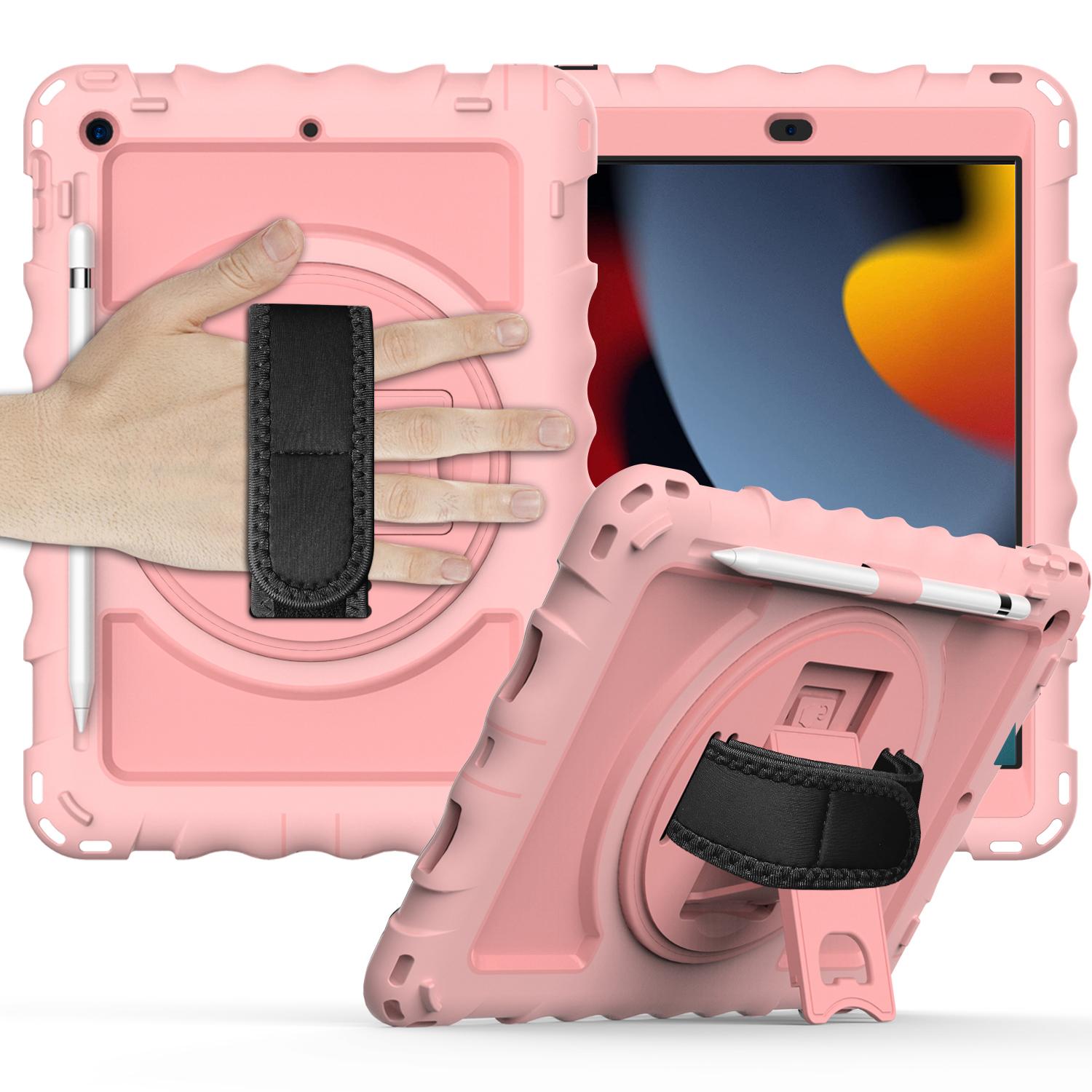 Apple iPad 9th 8th 7th Gen 10.2 inch Tablet Complete 360 Tough Hybrid Kickstand with Shoulder Hand Strap - Rose Gold
